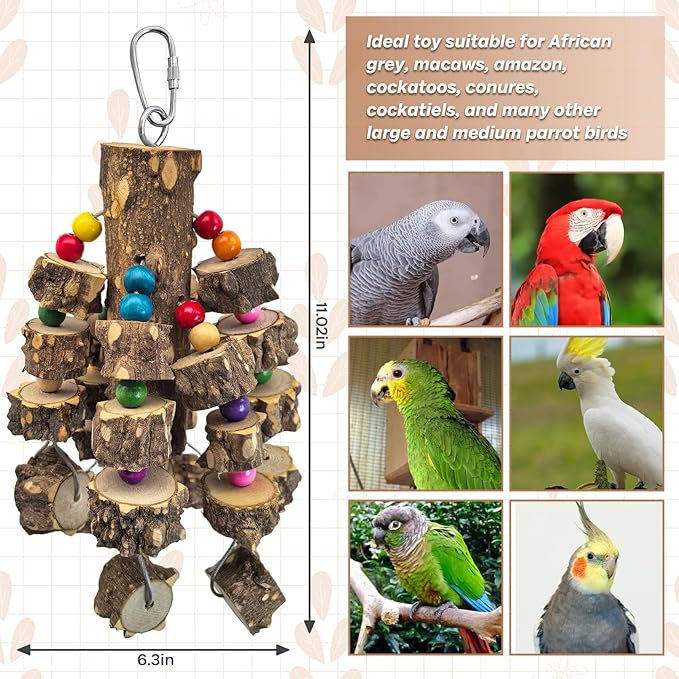 PINVNBY Wood Parrot Toys for Birds, Wire Link Durable Macaw Toys Large Natural Wooden Blocks Chew Toy for Small and Middle Parrots African Grey Macaws Cockatiels Eclectus