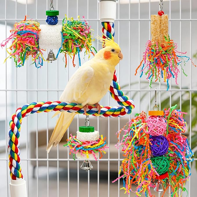 6PCS Bird Parrot Foraging Toys with Rope Perch Parakeet Chewing Hanging Toy Shredder Paper Cage Accessories for Small Parrots Parakeets Conures Cockatiels Love Birds Cage Toy