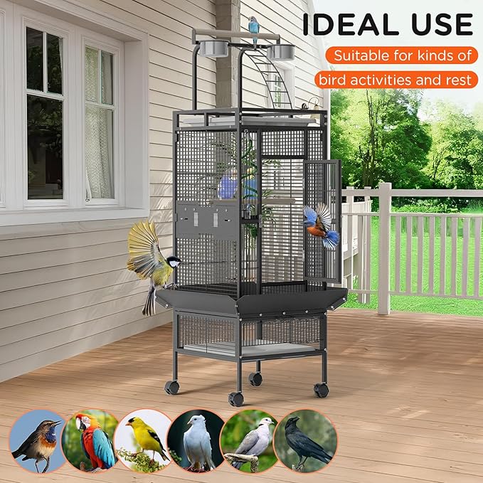 Garvee 60 inch Large Bird Cage with Rolling Stand, Metal Parrot Cage with Play Top & 4 Stainless Steel Bowls, Birdcage Pet House for Conure Cockatiel Parakeet Lovebird, Black