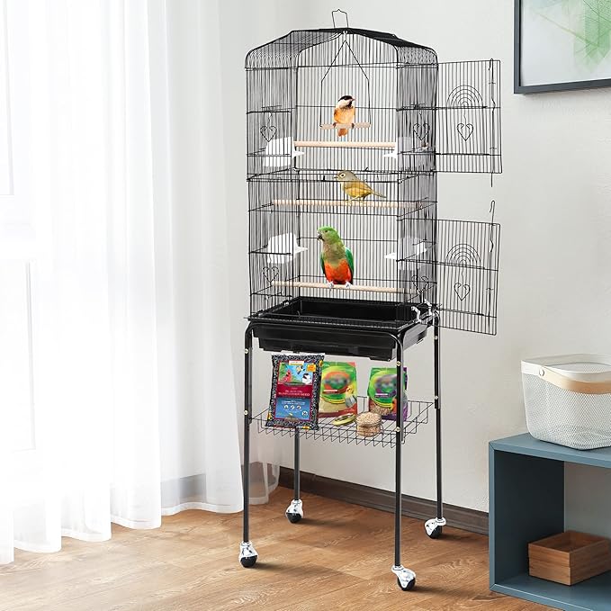 ZENY 63.4 Inch Bird Cage, Rolling Wrought Iron Parrot Cage with Side-Out Tray, Storage Shelf, Pet Bird House for Parrot Cockatiel Cockatoo Parakeet Macaw Finches