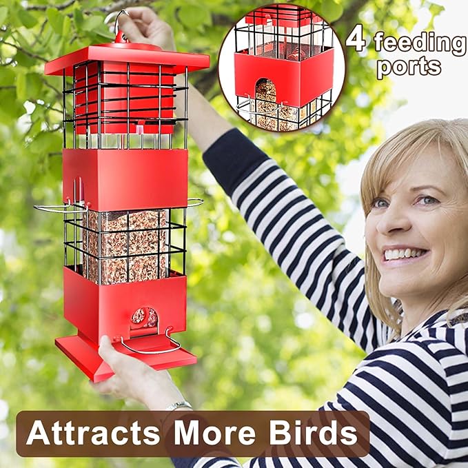 Bird Feeders Squirrel Proof for Outdoors, 3LBS Metal Hanging Bird Feeders, Weight-Activated Perches Anti-Squirrel Birdfeeder for Blue Jay, Cardinal, Outside (Red)
