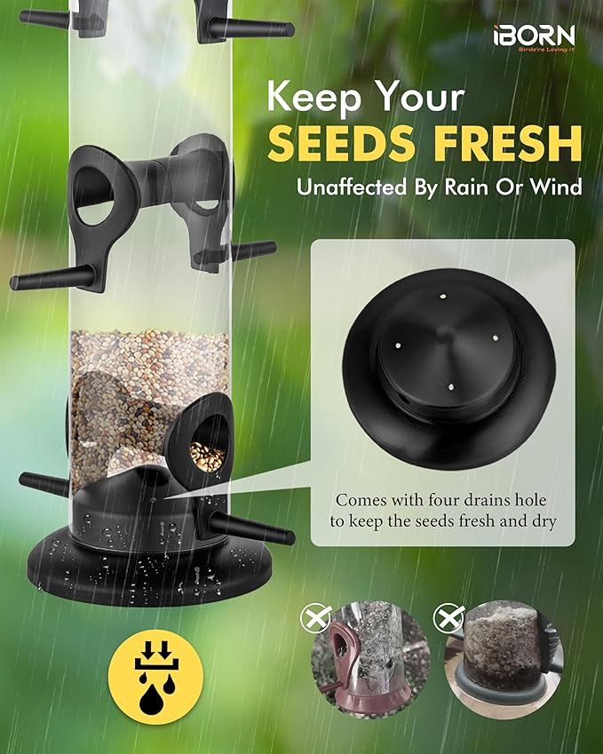iBorn Metal Bird Feeder Hanging Wild Bird Seed Feeder for Mix Seed Blends Heavy Duty All Metal Black Finish,15 Inch 6 Port,Pack of 2