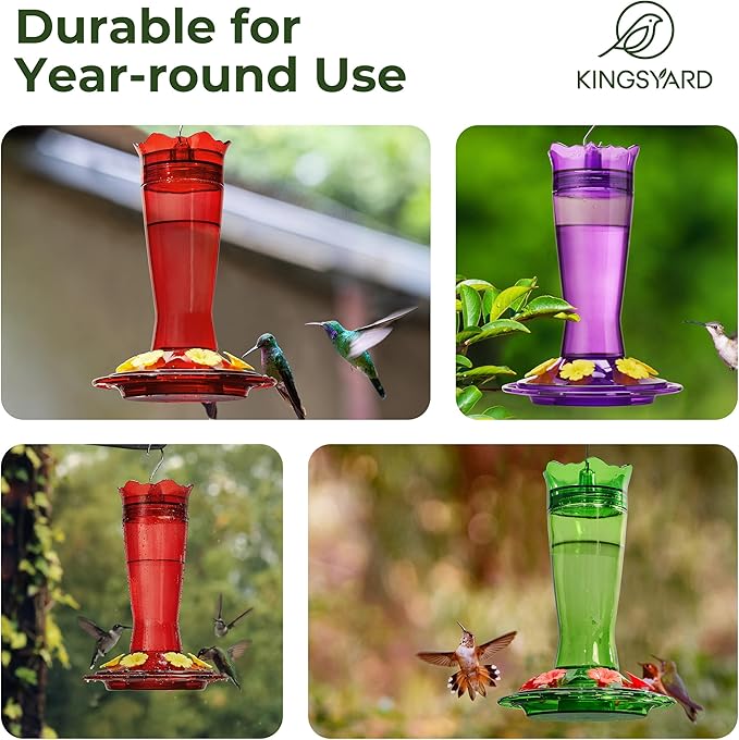 Kingsyard Glass Hummingbird Feeder for Outdoors Hanging, 14 oz Leak-Proof Humming Bird Feeders with Ant Moat & Bee Proof Feeding Ports, Hummingbird Gift for Bird Lovers (Red)