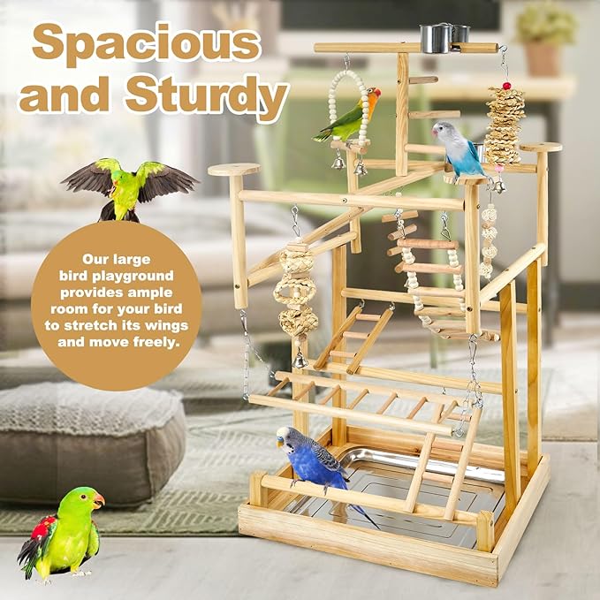 LIMIO Bird Playground - Natural Wood Parrot Playstand with Perches, Bird Play Gym & Accessories, Removable Tray & 4 Stainless Steel Cups