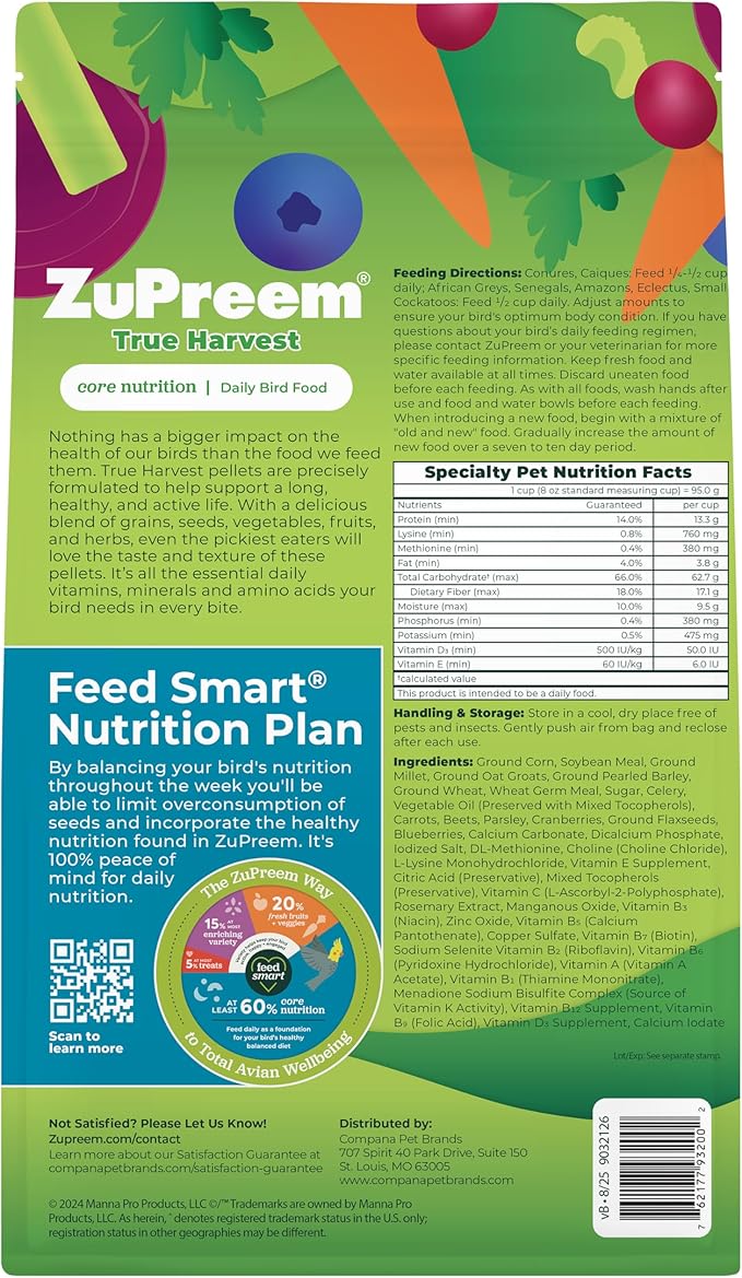 ZuPreem True Harvest Bird Pellets, Daily Bird Food for Parrot, Conure, Caique, African Grey, Eclectus, Small Cockatoo, Core Nutrition for Medium Large Birds, Added Vitamins, Parrot Food (ML, 3 lbs)