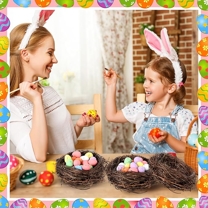 Simgoing 12 Pcs Birds Nests with 100 Pcs Easter Eggs, Mini Artificial Bird Nest for Crafts, Easter, Party, Wedding, Faux Rattan Nest Decorating(3.9 Inch)