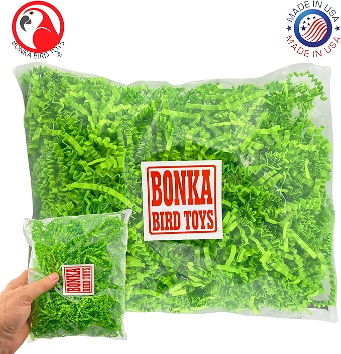 Bonka Bird Toys Colored Crinkle Shred Paper Chew Forage Nesting Treat Natural Multi-Use Craft Part Projects Cockatiels Parakeets Conures Amazons and Other Similar Birds (Light Green)