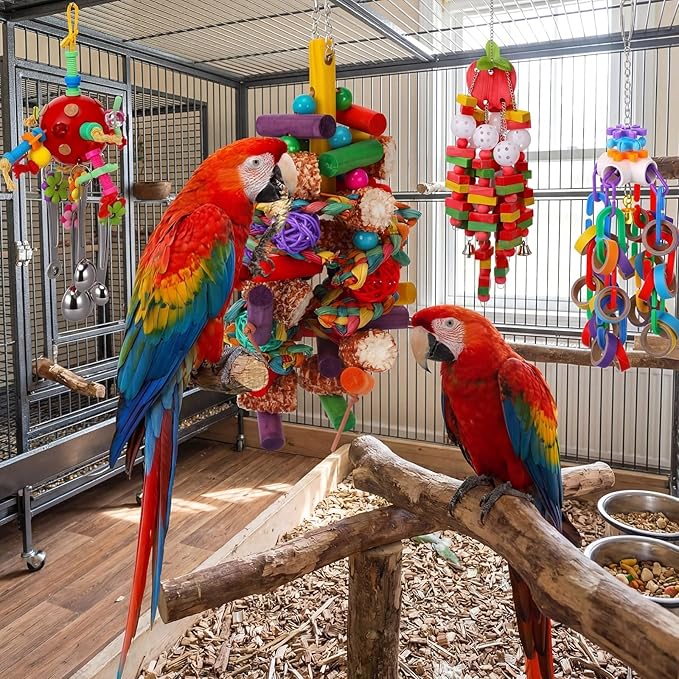 Soulchen 4 Pcs Extra Large Bird Parrot Toy Set Natural Wooden Chewing Toy, Rattan Ball, Wood Nut Loofah String (Bagged) for Large Macaws, African Grey, Amazon Parrots (Corn Cob)