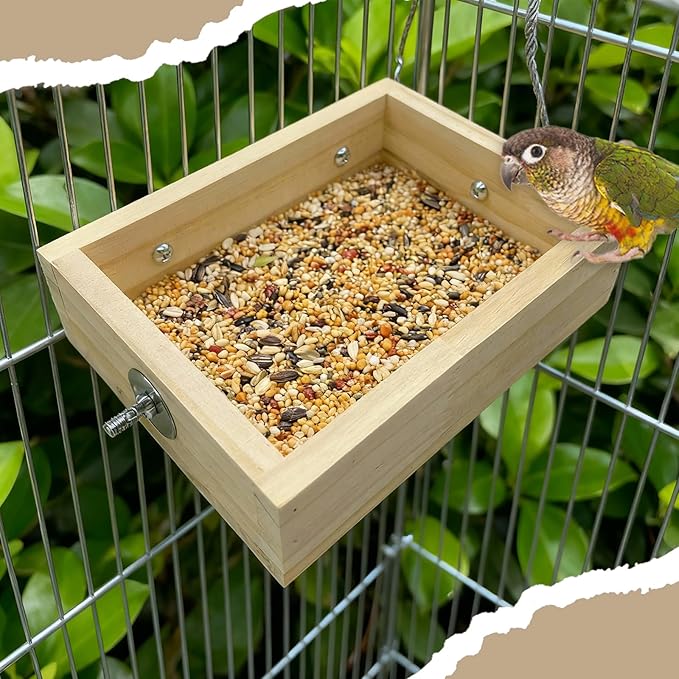 Bird Feeder for Cage, Wooden Food Dish for Small to Medium Birds Parrot, Hanging Plastic Food Water Bowls for Conure, Parakeet, Budgies, Cockatiel, Lovebird