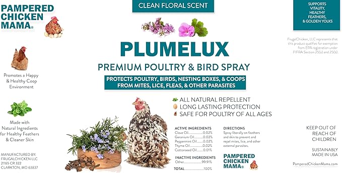 PlumeLux Chicken Mite & Bird Feather Spray to Prevent & Repel Mites by Pampered Chicken Mama | for Chickens, Ducks, Geese, Quail, Gamefowl, & Other Birds (16, Ounces)