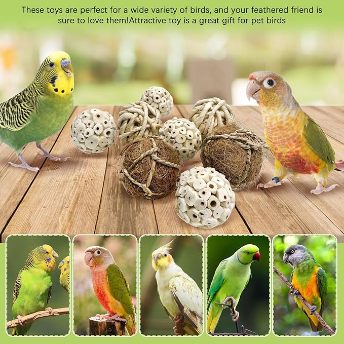 BNOSDM 8PCS Natural Bird Chew Toys Sola Balls Shred Toy Lightweight Conure Foot Toy Interactive Parrot Foraging Toys Bird Chew Balls with Hemp Rope Hook for Budgies Cockatiels Parakeets Senegal