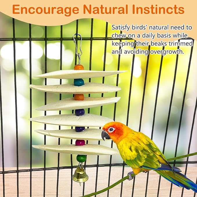3 Pack Bird Chewing Toy Cuttlebone Parrot Toy with Bell Hanging Bird Beak Grinding Stone Parakeet Cage Accessories for Small & Medium Budgies Lovebirds Cockatiels (Flake, 6 Per Skewer)