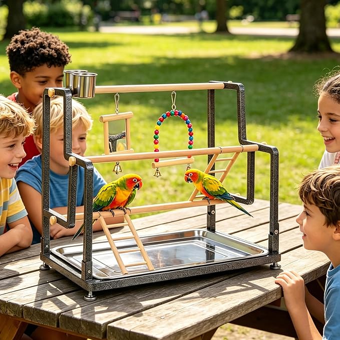 halinfer Bird Playground for Indoor Use, Table Collapsible Bird Playstand for Top of Cage, Mirrow Swing Cups 2 Ladders for Small to Medium Size of Cockatiel Parakeet Conure (Wood Ladder)