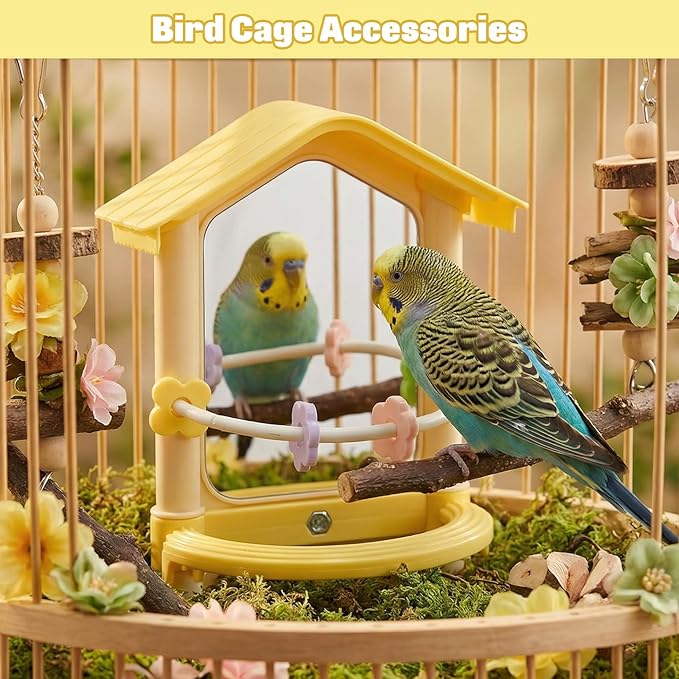 kathson Bird Mirror with Plastic Perch and 5PCS Colorful Rattan Balls Parakeet Hanging Swing with Mirror Interactive Toy Bird Cage Accessories for Cockatiel Parrot Conures Cockatoo Finch(Yellow)