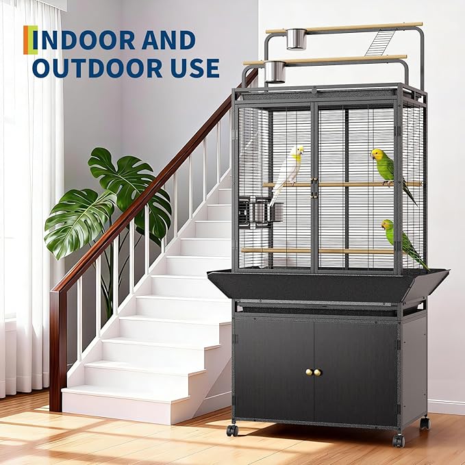 71 Inch Large Bird Cage with Play Top & Storage Cabinet, Flight Birdcage for Parrot, Cockatiel, Macaw Budgie, Rolling Corner Bird Aviary Black