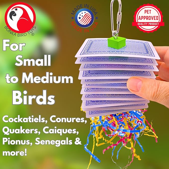 Bonka Bird Toys 1472 Poker 8" x 3.5" Paper Cards Crinkle Shred Foam Beads Wire Core Hanging Toy for Small Medium Birds Like Conures Senegals Caiques Meyers Foraging Chewing Enrichment