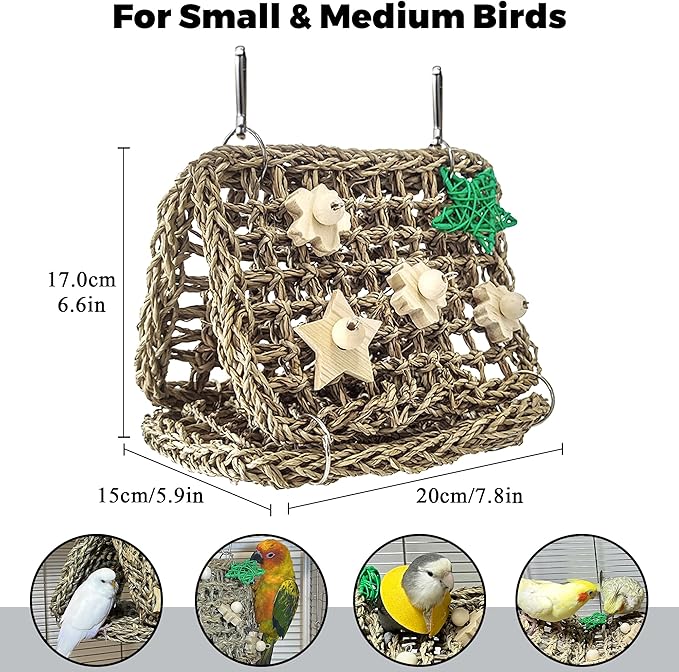 Seagrass Handwoven Bird Bed for Cage, DIY Parakeet Nest & Climbing Ladder, Breathable Bird Hammock Tent with Chewable Toys, Cozy Parrot Sleeping Hut for Small Medium Birds Like budgies Lovebirds