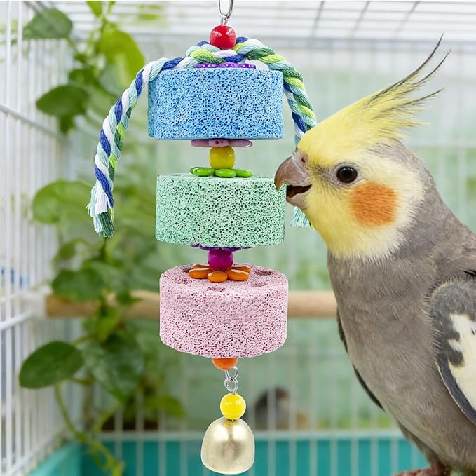 Mineral Block Chew Toys with Colorful Beads and Bell, Bird Beak Grinding Stone, Cage Accessories for African Grey, Budgies, Cockatiels, Small to Medium Birds
