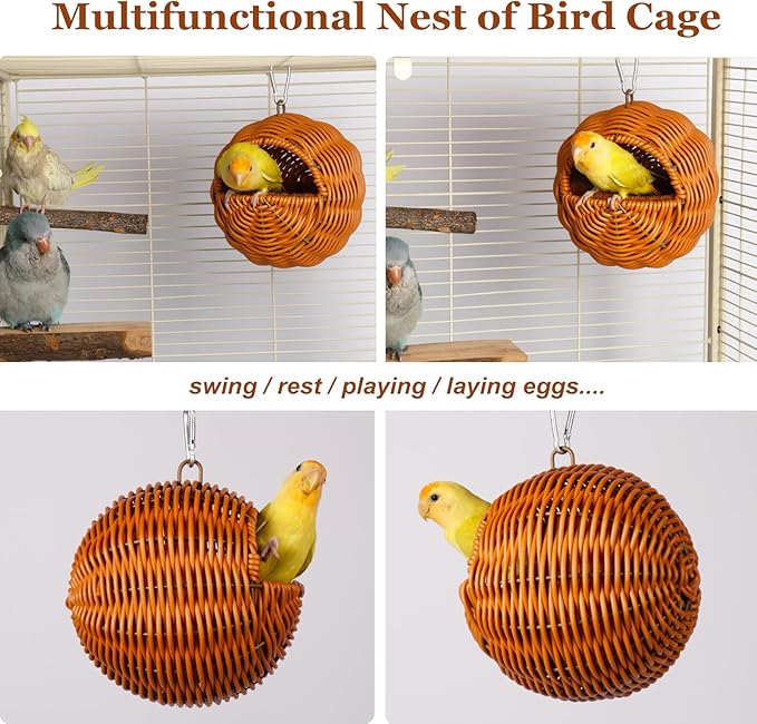 Bird Nest for Cage, Chew-Proof Natural Woven Hamster Hideout with Coconut Pad for Parakeets, Lovebirds, Sugar Gliders, Hamsters and Guinea Pigs (G-Type)