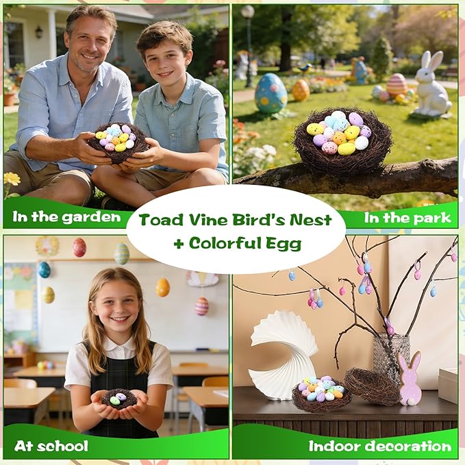 PETKNOWS Easter Artificial Bird Nest with Eggs for Crafts, 12Pcs Mixed Size Artificial Rattan Birds Nest with 26Pcs Foam Easter Eggs Small Faux Bird Nest Decor for Spring Garden Yard Home Tree Decor