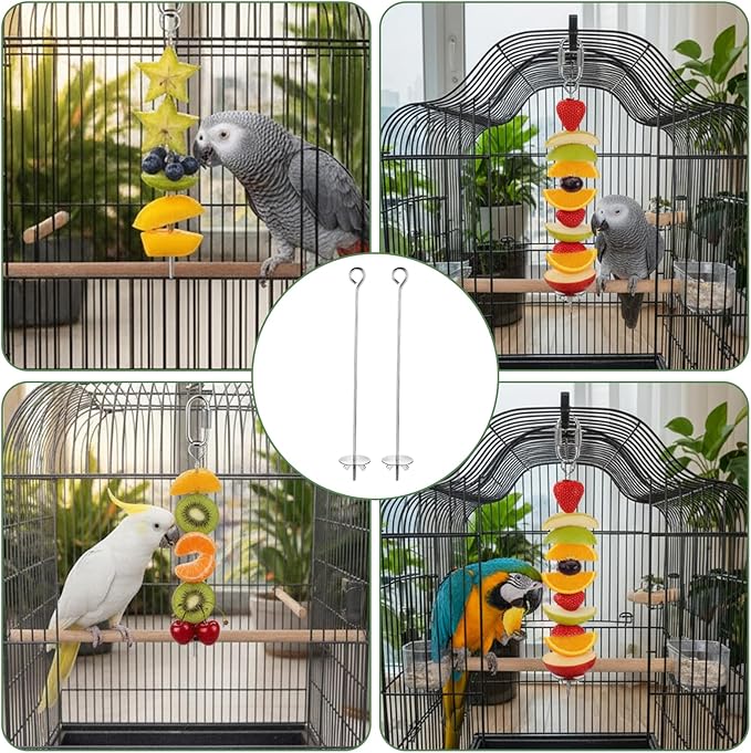 2 Pcs Bird Cage Food Holders, Stainless Steel Bird Feeder for Cage Parrot Foods Fruit Vegetable Stick Holder with Hook for Parakeets, Budgies, Macaws (2 Sizes)