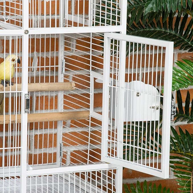 PawHut 55" Large Parrot Cage with Toy Hooks Above Top Bird Perch, Tray, Food Cups, Rolling Stand, Bird Cage for Cockatiels, Parakeets, Lovebirds