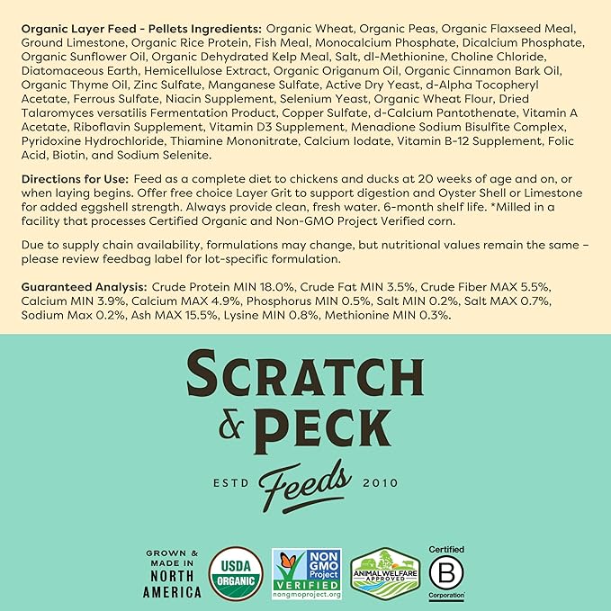 Scratch and Peck Feeds Organic Layer Pellets 18% - 25-lbs (2-Pack) - Premium Chicken and Duck Feed Formulated with Sustainable Grub Protein, Vitamins, and Minerals
