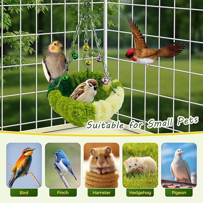 Admaison Bird Nest with Bell for Cage,Plush Hanging Bird Bed for Parakeet Indoor & Outdoor,Breeding Bird House for Conure,Budgie,Cockatiel,Lovebird,Canary,Finch,Hamster,Small Pets,Warm Nest,Green L