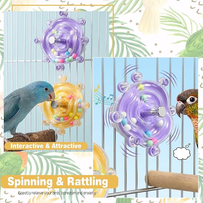 2Pcs Bird Toys for Parakeets, Colorful Parakeet Toys Wheel, Interactive Spinner Rattle Parrot Toy, Cockatiel Toy for Bird Cage, Chewing Exercise for Conure, Budgies Enrichment-Toys