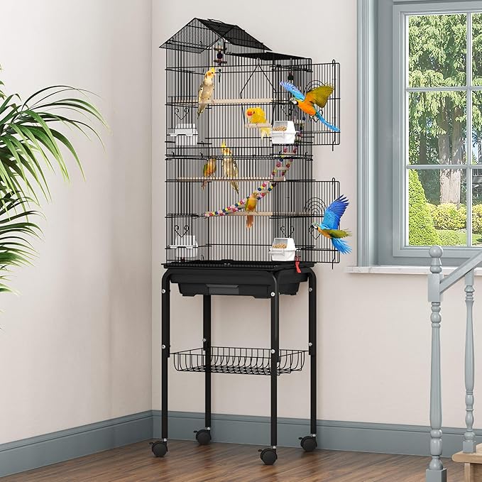 DWVO 62-inch Metal Bird Cage: Bird Cage Spacious for Cockatiels, Parrots, Pigeons, Lovebirds, Features Roof Access and Rolling Stand Black