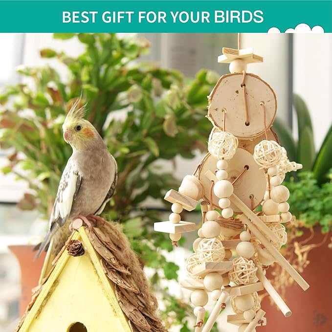 Natural Wood Bird Chew Toy for Cockatiels, Parakeets, Conures, Budgies & Lovebirds – Wooden Shredder and Foraging Bird Toys for Cage Enrichment
