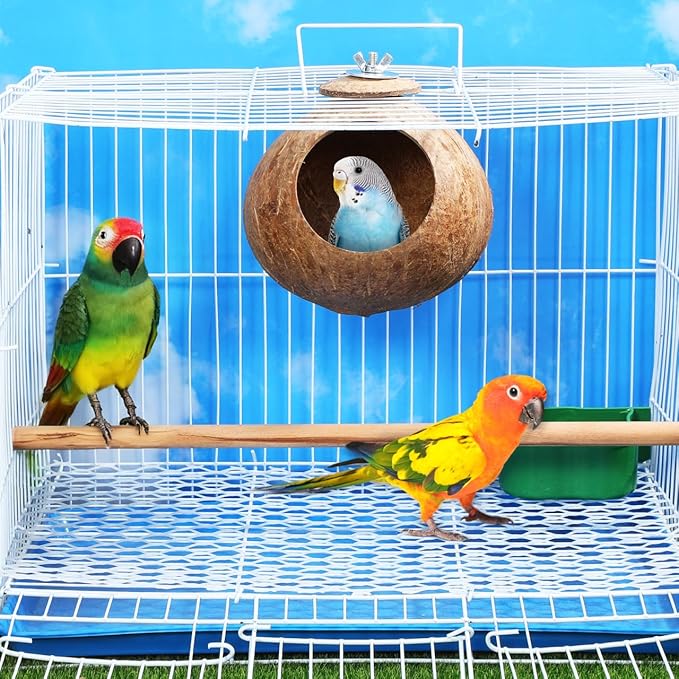 POPETPOP Natural Coconut Fiber Hanging Birdhouse for Cage - Coconut Shell Pet Bird Nest, Hanging Bird Breeding Nest for Parrot Parakeet Lovebird Finch Canary