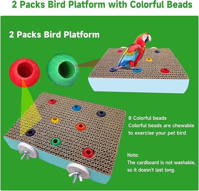 2PCS Bird Chew Toys Parrot Cardboard Perch for Cage Bird Resting Platform Stand with Colorful Beads Parrot Playground Exercise Toys Parakeets Cage Accessories for Conures, Budgies