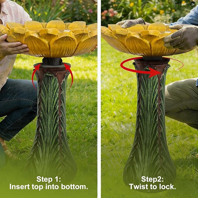 SKYFIRE 24.4”H Sunflower Bird Bath Fiber Reinforced Concrete Pedestal Birdbath for Outdoors, Heavy Duty Garden Bird Bath for Yard, Patio, Lawn, Backyard Decor