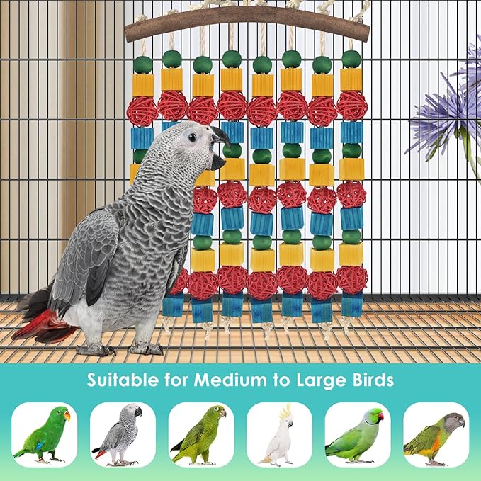 DBNESS Large Parrot Toys, 17.7 inch Multicolored Natural Wooden Blocks Beads Rattan Balls, Bird Chew and Hanging Tearing Toys for Large Medium Birds Macaws African Grey Cockatoos Amazon Parrots