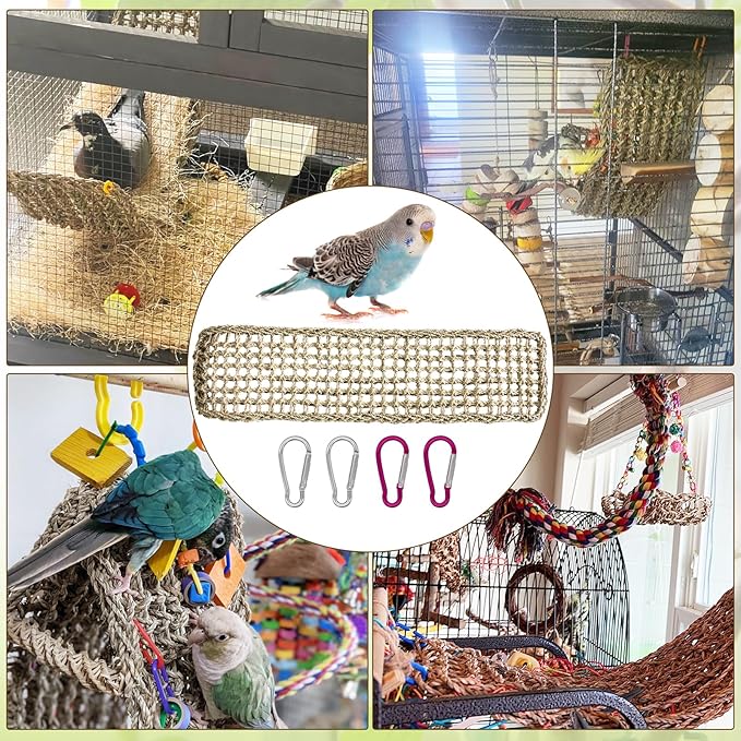 Bird Seagrass Mat 30 x 7 Inch Natural Seagrass Woven Bird Net, Parakeet Climbing Rope Ladder, Hammock Climbing Rope Ladder with Hooks, Chew Toys for Parrots Lovebird Cockatiel Budgie Hamster