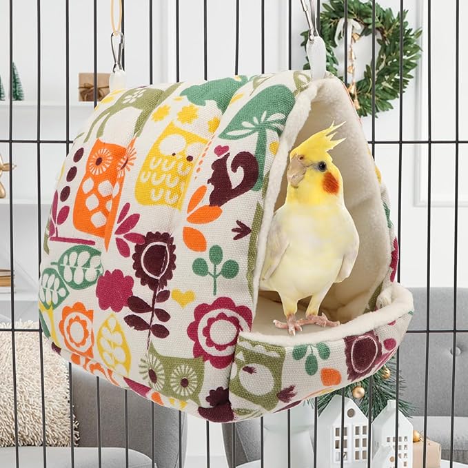Hypeety Bird Hanging Hammock Nest Parrot Winter Warm Nest House Comfortable Plush Bird Bed for Cage Winter Bird Hideaway Hut for Cockatiels Budgies Parakeets Lovebirds Conures Hamsters (Flower)