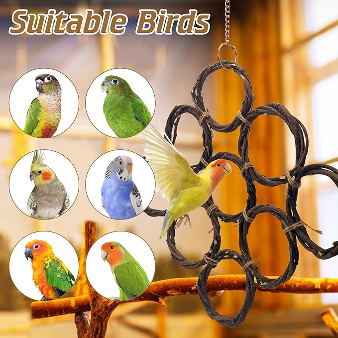 BNOSDM Bird Swing Rings Toy Natural Wood Parrot Climbing Ladder Parakeet Chewing Toys Hanging Budgie Cage Accessories for Green Cheek Conure Cockatiel Lovebird (9 Rings)