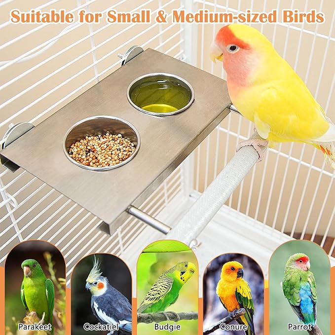Stainless Steel Bird Feeder Hanging Parrot Feeder Bowl with Perch Stand Removable Food and Water Cups Bird Cage Accessories for Parakeet Cockatiel Budgie Conure