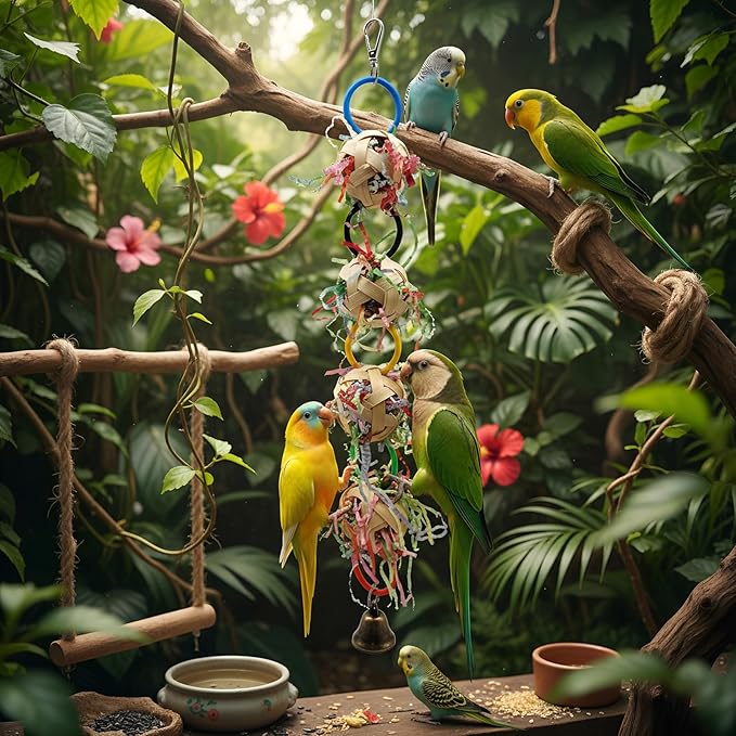 Bird Toy, Bamboo Ball Shredded Paper Parrot Foraging Tearing and Climbing Hanging Toy, Suitable for Parakeet Conure Cockatiel and Lovebird