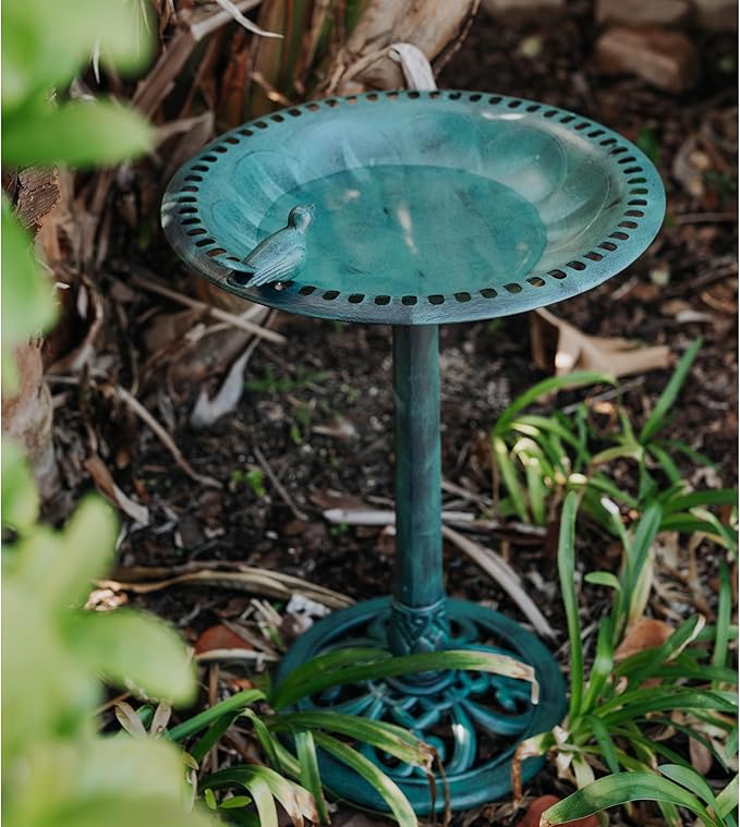 Backyard Expressions Outdoor Garden Bird Bath with Bird - Green - Weather Resistant Polyresin - 30 Inch -