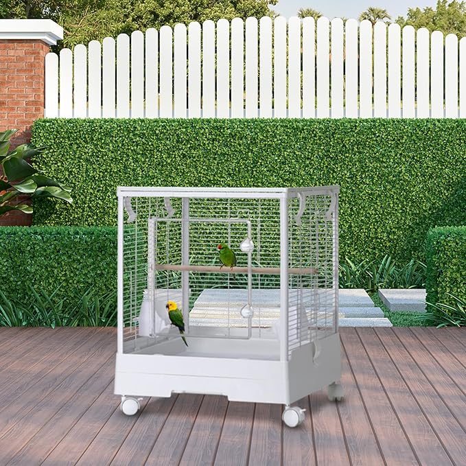 Garvee Small Bird Cage with Playground Stand, 44in White Travel Bird Cage for Parrot, 2-Level Acrylic Parrot Carrier for Medium Small Bird