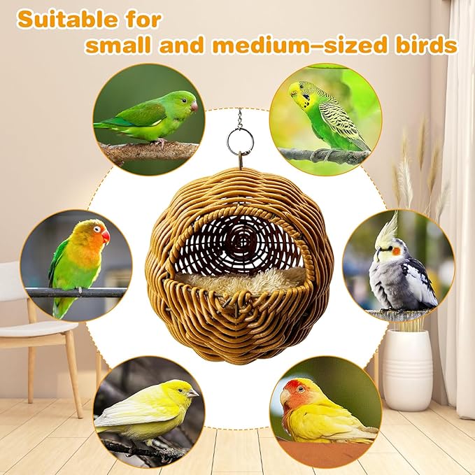 Rattan Birds Nest for Cage Hanging Parakeet House Chewproof Parrot Breeding Bed Small Budgies Hideout Swing Hut Bird Cage Accessories for Lovebirds Cockatiel Conure Finch Canary (Brown)