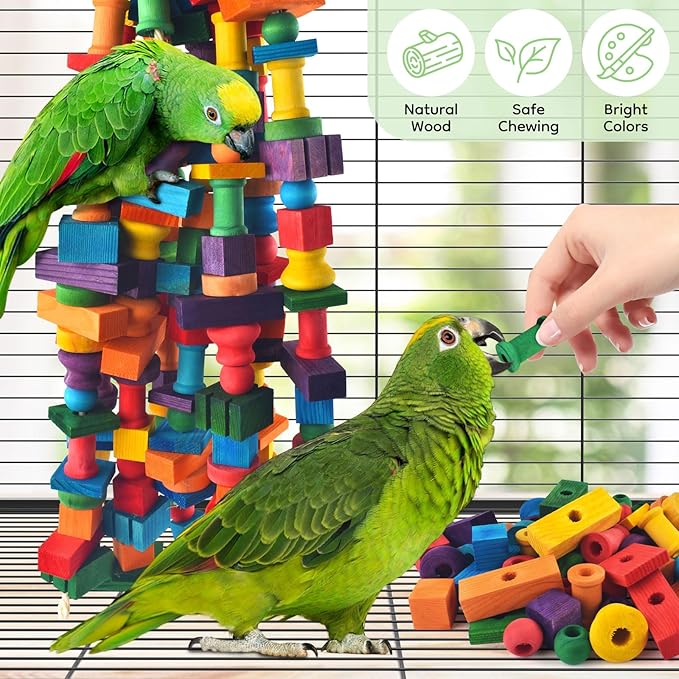DBNESS Bird Toys for Parrots, 200 Pcs Colorful Multi-Shaped DIY Wooden Blocks Craft, Natural Parrot Chew Training Foot Toy for Amazon African Grey Cockatiels Conure Monk Parakeet