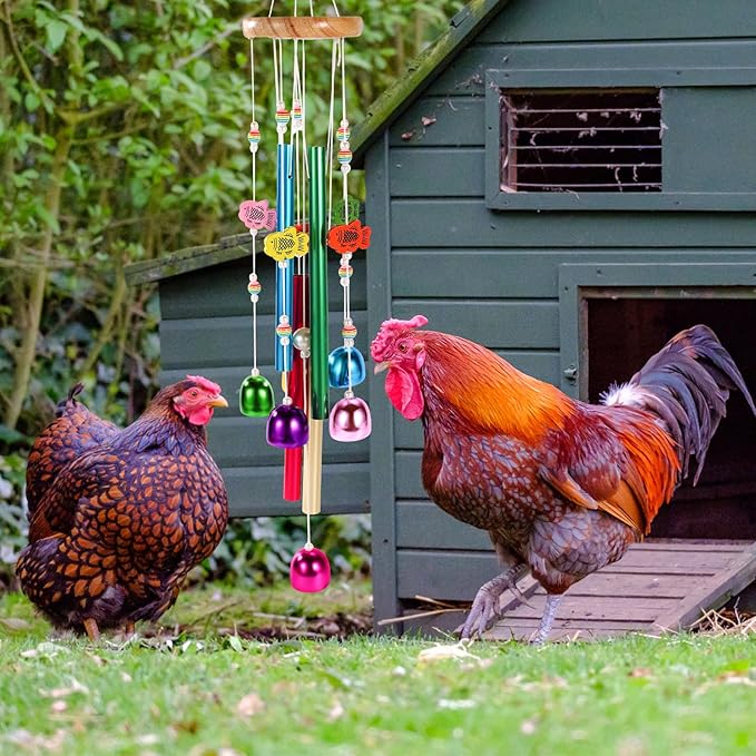 Chicken Toys for Coop, Enrichment Toys Wind Chimes Home Garden Colorful Art Hanging Chick Peck Toy Decoration with Bells Fun & Interactive Hens Brooder Accessories for Bird Parrot Lovebird