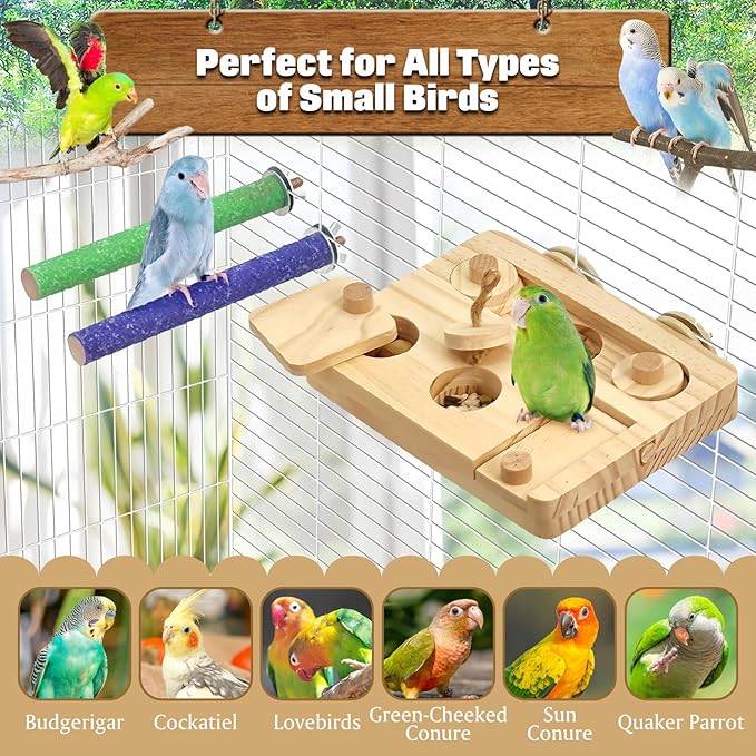 BNOSDM Wooden Bird Foraging Toys with Paw Grinding Sticks, Natural Wood Enrichment Puzzle Toys for Training & Chewing Stand Platform Feeder Cage Accessoriesfor Parrots, Parakeets, Cockatiels, Conures