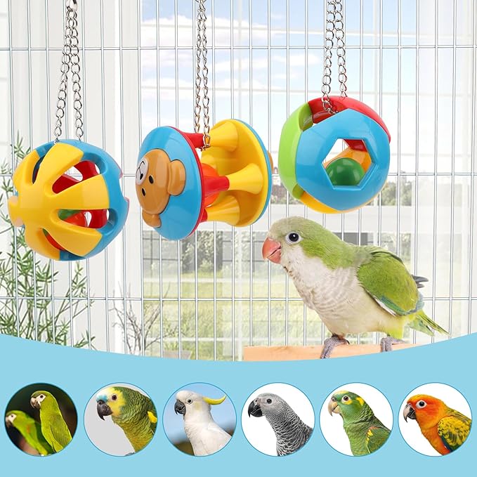Hypeety Parrot Colorful Ball Toys with Bell Cage Hanging Chewing String for Parakeet Conure Cockatiel Small Medium Birds (A+B+C)