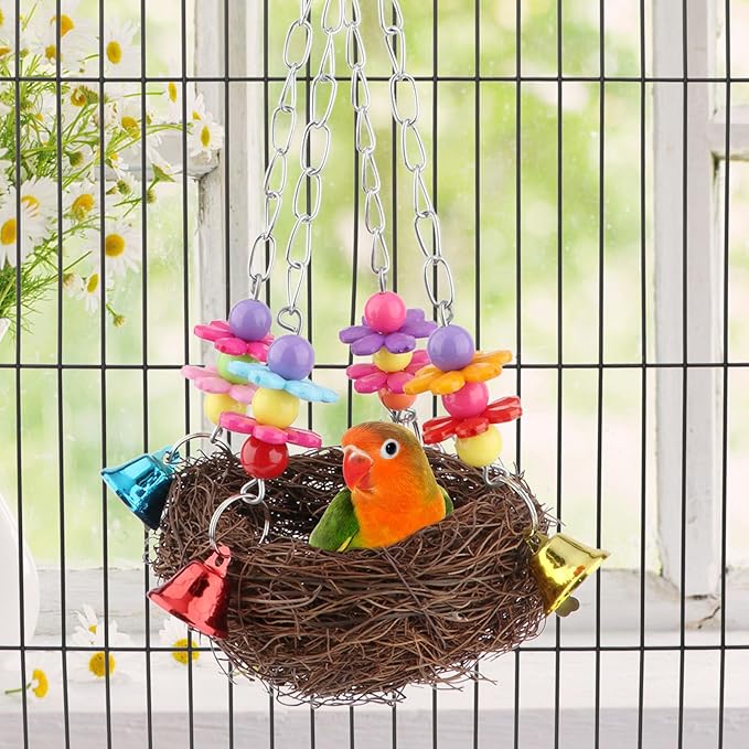Hypeety Natural Rattan Nest Bird Swing Toy Colorful Flowers Bells for Budgie Parakeet Finch Lovebird Cockatiel (C)