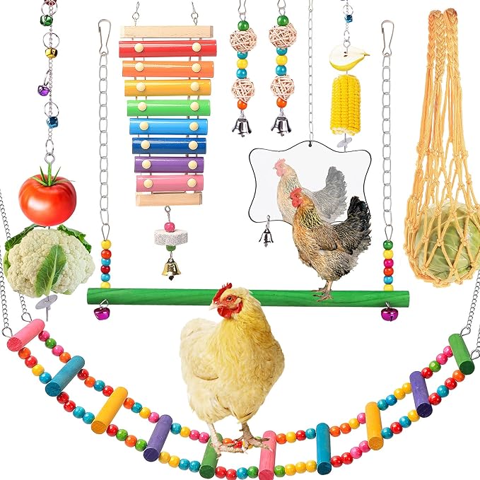 Chicken Toys for Coop 9PCS Set, KAKUNM Chicken Enrichment Toys, Including Xylophone, Swing, Chicken Mirror, Chicken Flexible Ladder, Vegetable String Bag and Hanging Feeder Coop Toy Accessories