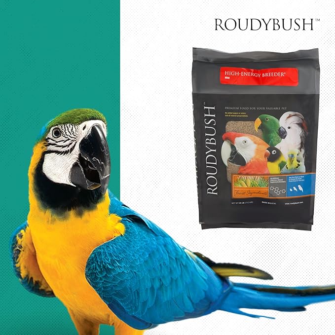 Roudybush High Energy Breeder Food for Breeding & Weaning Birds - Scientifically Formulated Bird Feed - Bird Food Pellets w/ Corn, Wheat, Soy & More - Nutritious & Healthy Feed for Birds (Mini, 25lb)